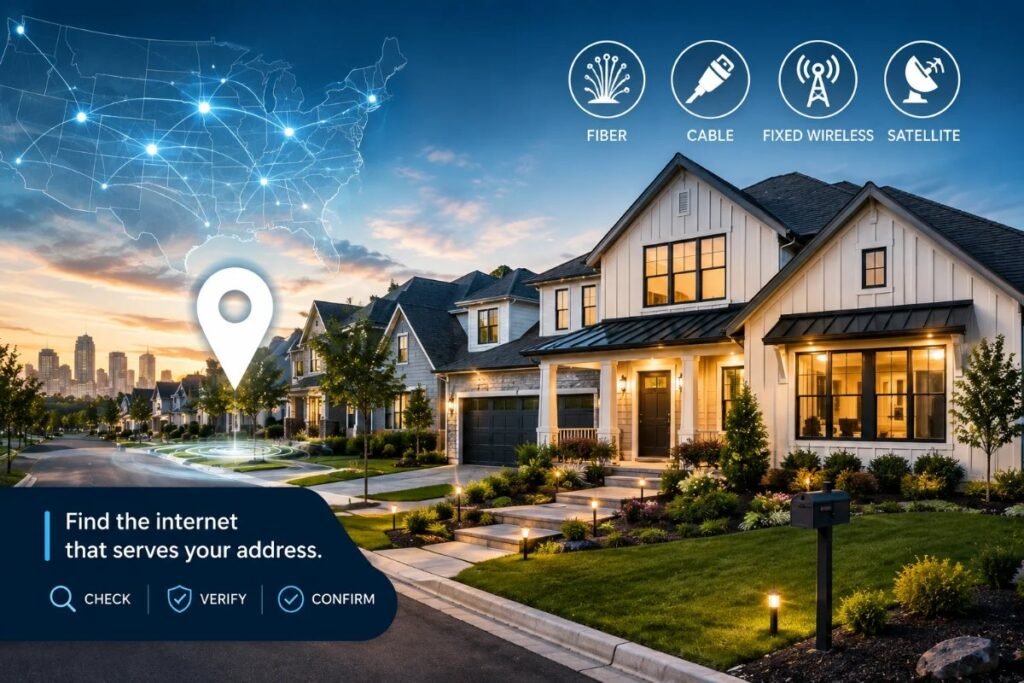 Home internet availability concept showing a U.S. neighborhood, location verification and fiber, cable, fixed wireless and satellite options.