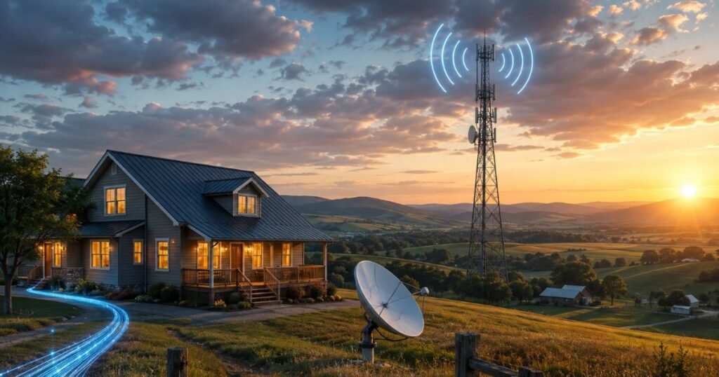 Rural home with satellite, fixed wireless and wired internet connectivity options